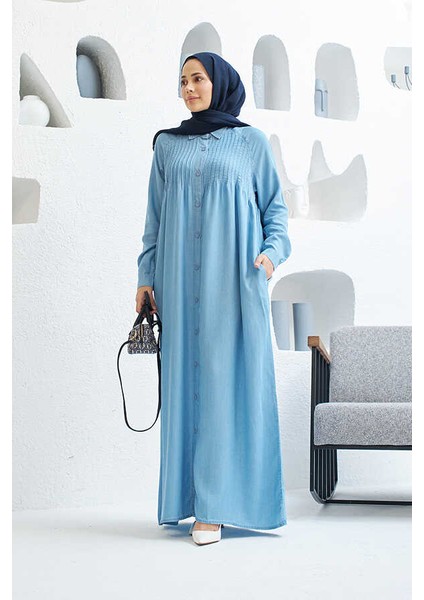 6502-DENIM Nervürlü Ferace Mavi