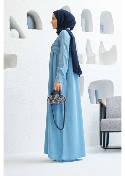 6502-DENIM Nervürlü Ferace Mavi