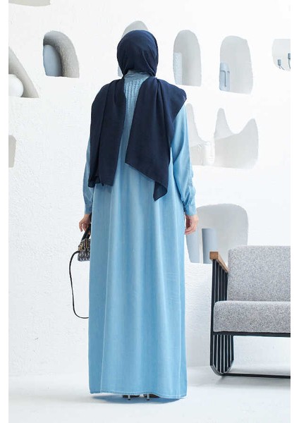 6502-DENIM Nervürlü Ferace Mavi