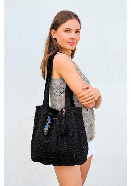 Tekno Trust 1'li Kadın Triko Örgü Aksesuarlı Içi Astarlı Askılı Gündelik El&omuz ve Plaj Çantası Siyah CHAX803