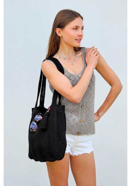 Tekno Trust 1'li Kadın Triko Örgü Aksesuarlı Içi Astarlı Askılı Gündelik El&omuz ve Plaj Çantası Siyah CHAX803 fiyatları