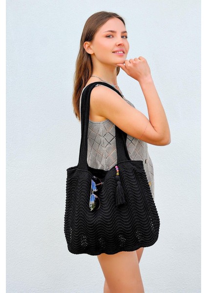 Tekno Trust 1'li Kadın Triko Örgü Aksesuarlı Içi Astarlı Askılı Gündelik El&omuz ve Plaj Çantası Siyah CHAX803 modelleri