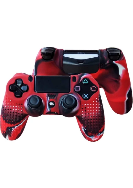 Ps4 Controller Joystick Oyun Kolu Gamepad Uyumlu - Silikon Koruyucu cover Kırmızı Kamuflaj