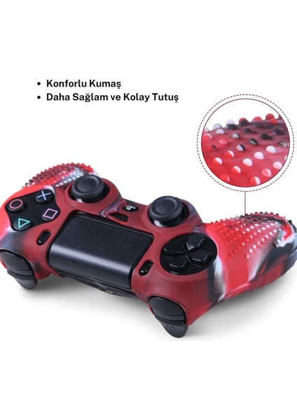 Ps4 Controller Joystick Oyun Kolu Gamepad Uyumlu - Silikon Koruyucu cover Kırmızı Kamuflaj