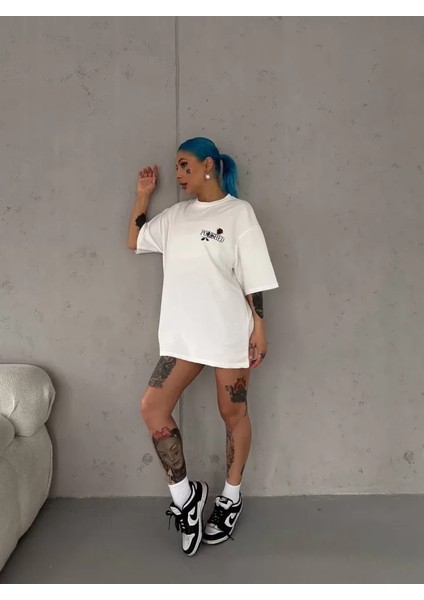 Unisex Bisiklet Yaka Baskılı Oversize T-Shirt - Beyaz