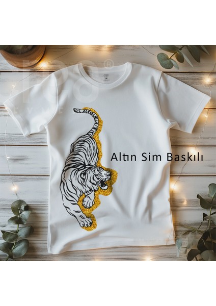 Crea Eymer Wear Altın Sim Baskılı Kaplan %100 Pamuk Premium Beyaz Tişört