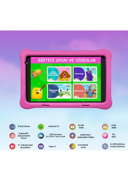 8" IPS Ekran 4gb 64GB Android 13.0 A133P 1.8ghz Antişok Çocuk Tableti, Kids Tablet Pembe RS407+