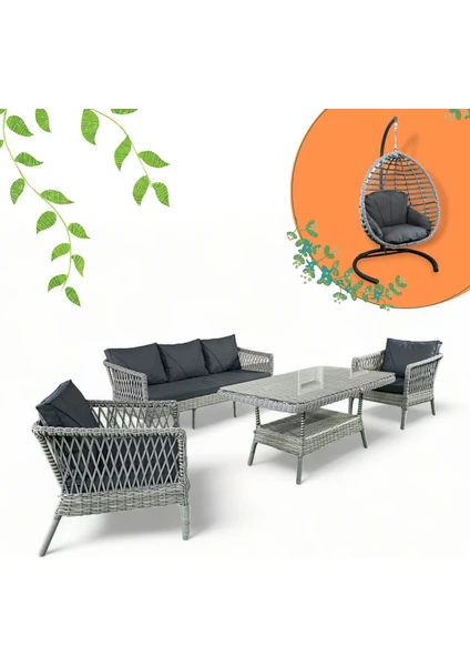 Monalin Home Garden Loft 5 Kişilik(3-1-1-Masa) Rattan El Örgüsü Bahçe & Balkon & Teras Oturma Grubu + Sofya Classic Rattan El Örgüsü Salıncak