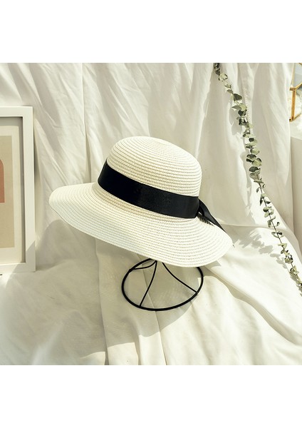 Moda Şerit Yay Düğüm Bayanlar Hasır Şapka Sahil Tatil Plaj Şapkası (Yurt Dışından)