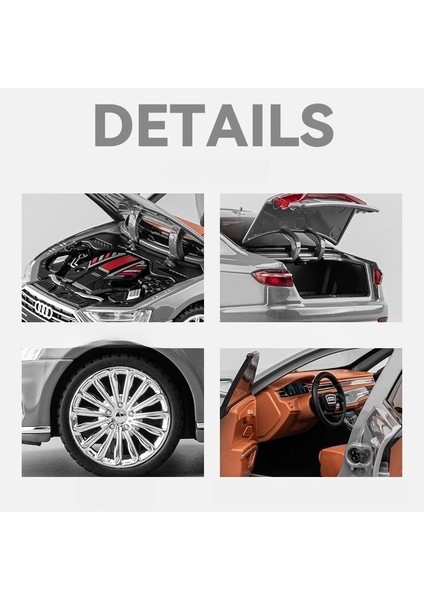 /24 Audi A8 Döküm Alaşımlı Metal Oyuncak Araba Mini Araba Modeli Ses ve Işık Kapısını Geri Çeker ve Açabilir (Yurt Dışından)