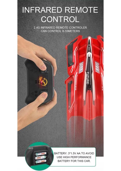 Duvara Tırmanan Rc Araba, 360° Dönen Çift Modlu Gösteri Arabası, LED Işıklı Şarj Edilebilir Oyuncak, Çocuklar Için En Iyi Hediye (Kırmızı) (Yurt Dışından)