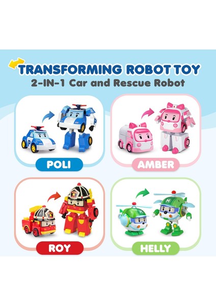 2 Paket Poli + Amber Dönüşen Robot Oyuncaklar, 4" Dönüştürülebilir Aksiyon Figürü Oyuncak, Acil Durum Araç Playset, Tatil Doğum Günü Kurtarma Araba Oyuncakları Erkekler Kızlar Içi (Yurt Dışından)