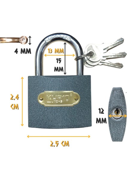Kupa Asma Kilit Gri 25 Mm. - 3 Anahtarlı