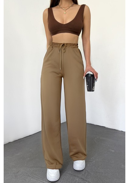 Kadın Beli Lastikli Bol Paça Mevsimlik Bürümcük Palazzo Pantolon