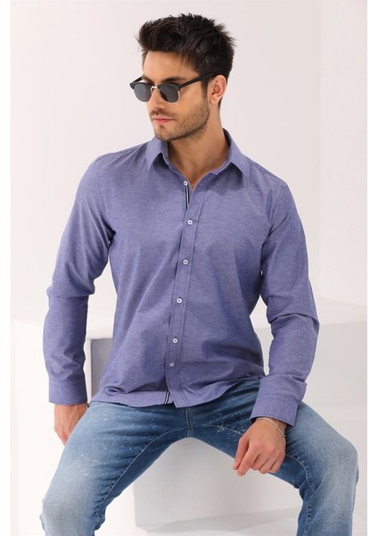 Desenli Şeritli Indigo Erkek Regular Gömlek