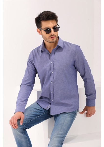 Desenli Şeritli Indigo Erkek Regular Gömlek