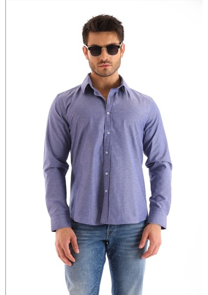 Desenli Şeritli Indigo Erkek Regular Gömlek