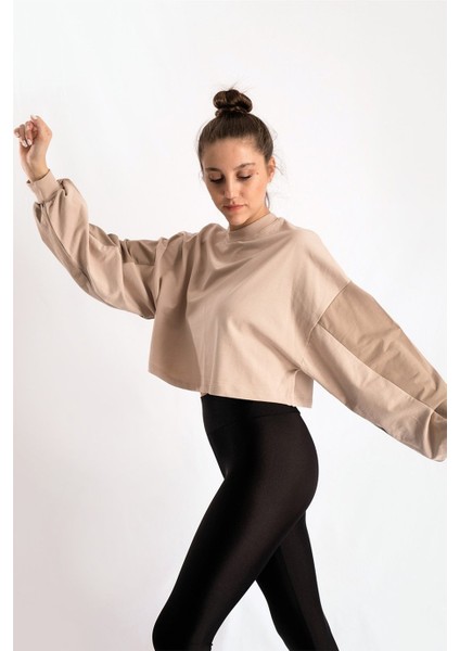 Balon Kol Bej Crop Sweat Bluz