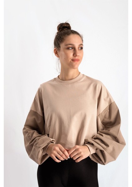 Balon Kol Bej Crop Sweat Bluz