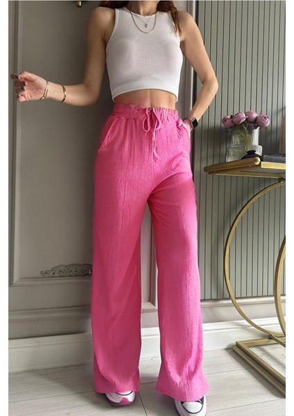 Kadın Beli Lastikli Mevsimlik Bürümcük Palazzo Pantolon