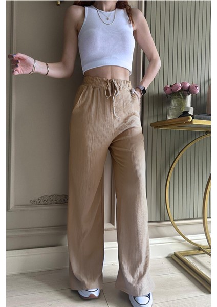 Kadın Beli Lastikli Mevsimlik Bürümcük Palazzo Pantolon