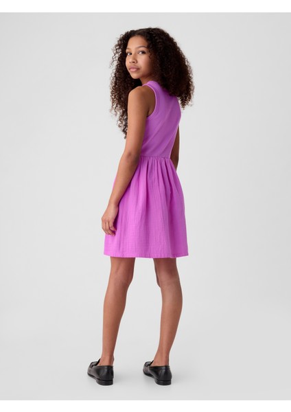 Kız Çocuk Pembe Crinkle Gauze Mini Elbise