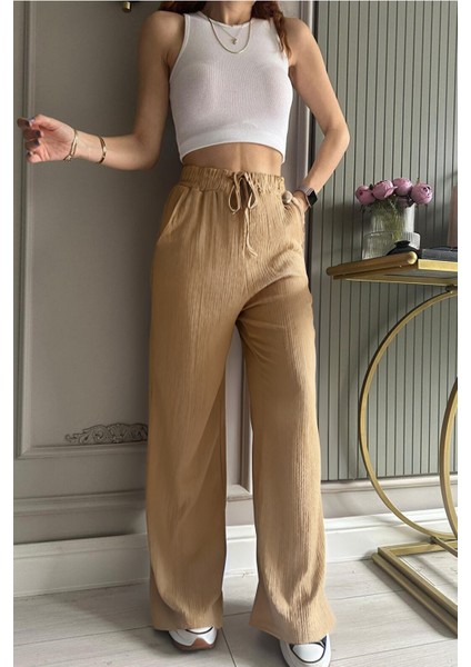 Kadın Beli Lastikli Mevsimlik Bürümcük Palazzo Pantolon