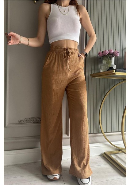 Kadın Beli Lastikli Mevsimlik Bürümcük Palazzo Pantolon