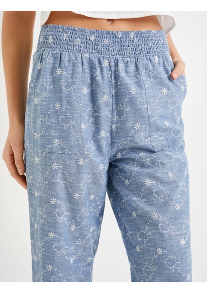 Culotte Pantolon Beli Lastikli Cep Detaylı Çiçek Işlemeli