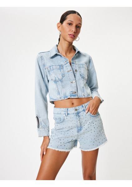 Mini Kot Şort Taş Detaylı Püsküllü Paça Düğmeli Rahat Kalıp