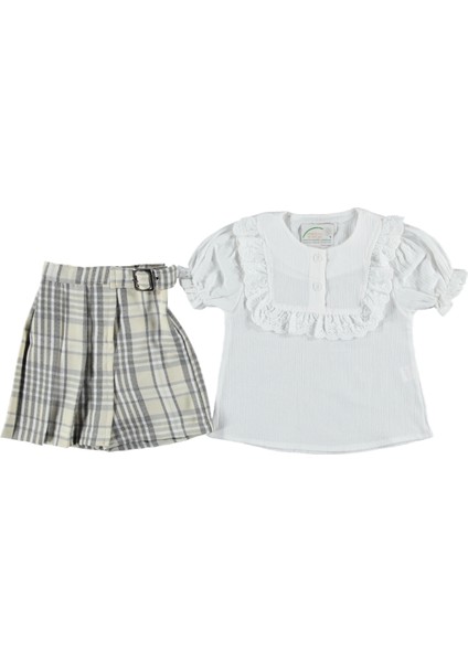 Yaka Fırfırlı Ekose Şort Etekli Kız Takım