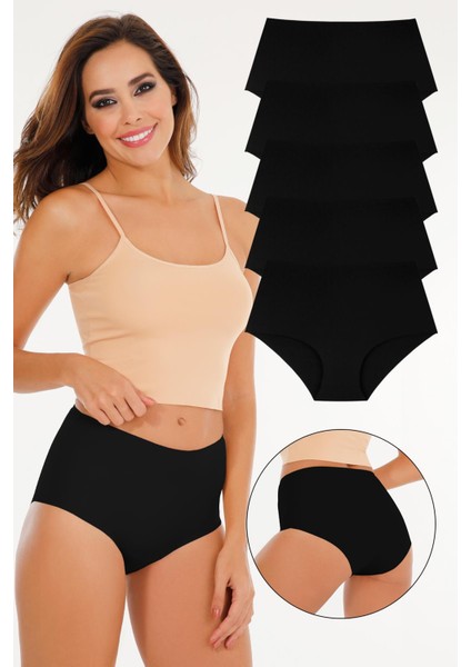 Kadın Yüksek Bel Lazer Kesim (Beli Lastikli) 5li Külot Set - KTS2035 5-SİYAH