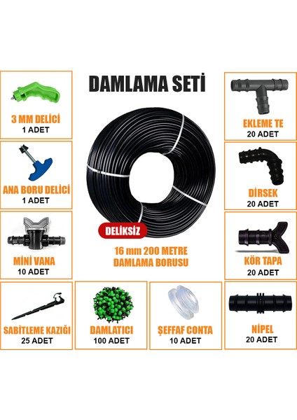 Damla Sulama Seti 200 Metre Damlama Hortumu ve Ek Parçaları Bahçe Ağaç Fidan Sebze Sulama Ekipmanları Damlama Borusu Sistemi