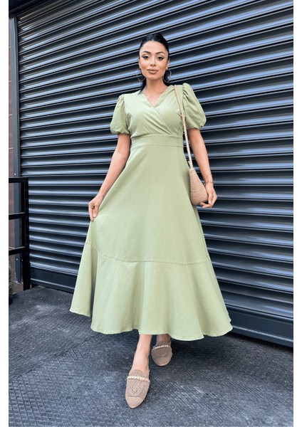 Keten Kumaş Kruvaze Yaka Midi Elbise - Yeşil