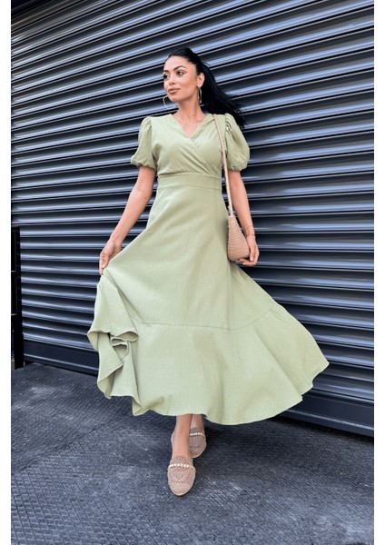 Keten Kumaş Kruvaze Yaka Midi Elbise - Yeşil fiyatları