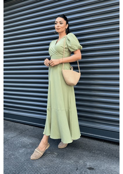 Keten Kumaş Kruvaze Yaka Midi Elbise - Yeşil modelleri