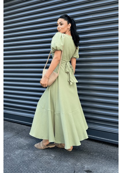 Keten Kumaş Kruvaze Yaka Midi Elbise - Yeşil indirimleri