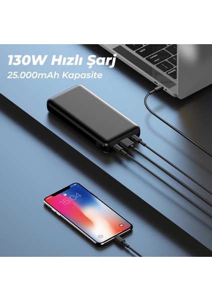 25000mAh 130W Süper Hızlı Powerbank Laptop Notebook Macbook Taşınabilir Şarj Cihazı Siyah