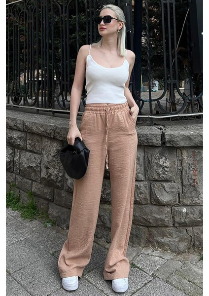 Kadın Beli Lastikli Yazlık Dokulu Palazzo Pantolon