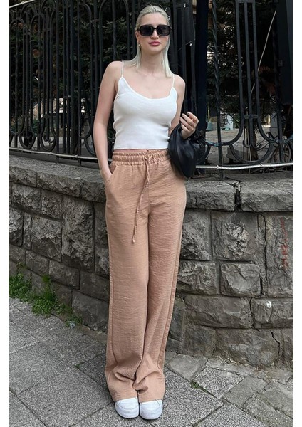 Kadın Beli Lastikli Yazlık Dokulu Palazzo Pantolon modelleri