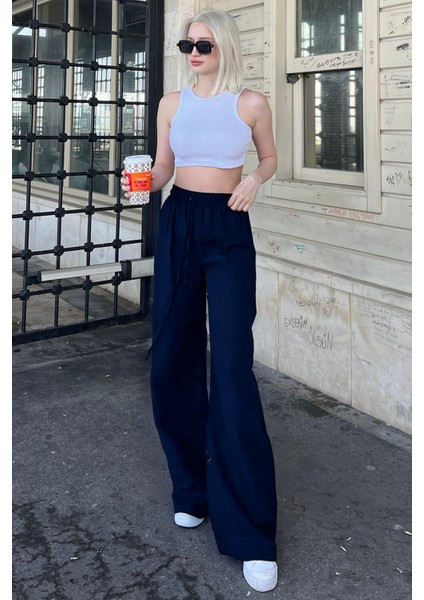 Kadın Beli Lastikli Yazlık Dokulu Palazzo Pantolon