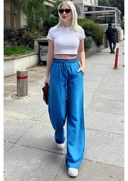 Kadın Beli Lastikli Yazlık Dokulu Palazzo Pantolon