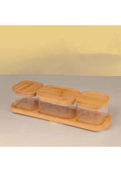 Bambu Tepsili Cam Kahvaltılık 3 Bölmeli Bambu Vakumlu Kapaklı