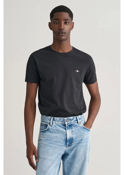 Erkek Siyah Slim Fit Bisiklet Yaka Logolu T-Shirt
