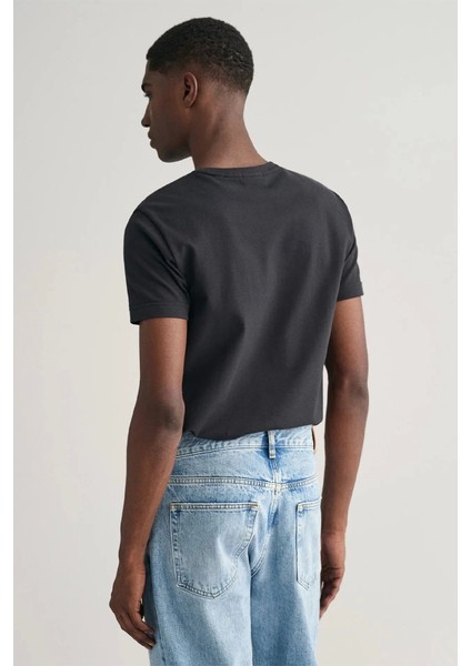 Erkek Siyah Slim Fit Bisiklet Yaka Logolu T-Shirt
