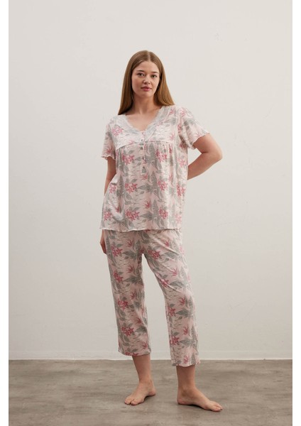 Kadın Plus Size Pamuklu Kısa Kollu Kapri Pijama Takımı