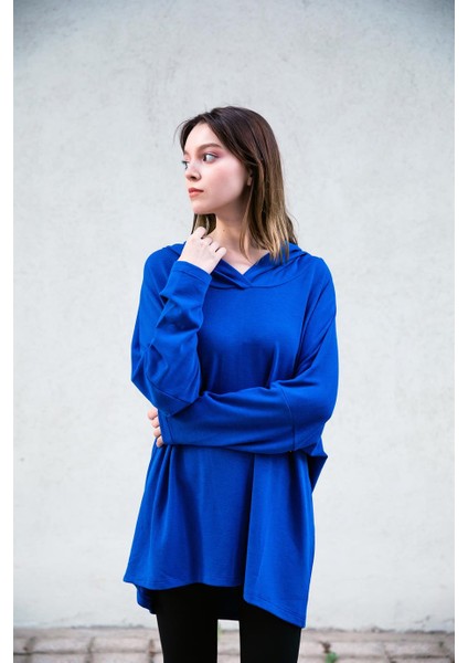 Kapüşonlu Saks Tunik
