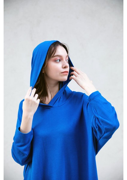 Kapüşonlu Saks Tunik