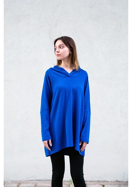 Kapüşonlu Saks Tunik