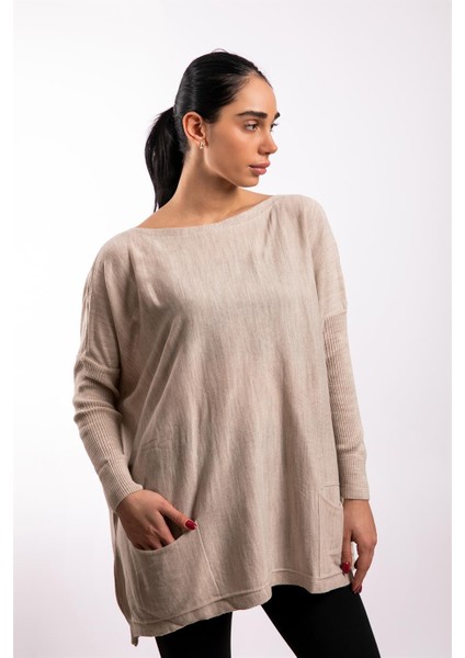 Bej Oversize Çift Cepli Tunik